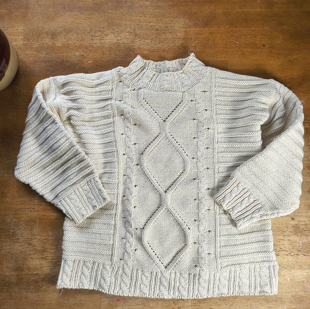 100% Cotton Vintage White Cream Mock Neck Cableknit Fisherman Sweater